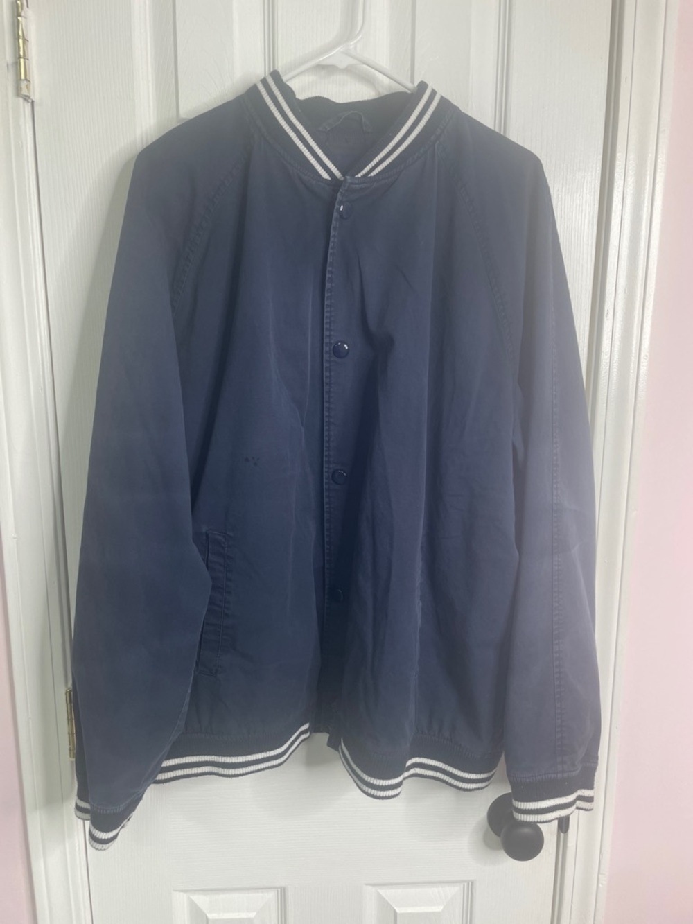 Basic Editions Navy Bomber Jacket with White Striped Trim. Slightly faded
